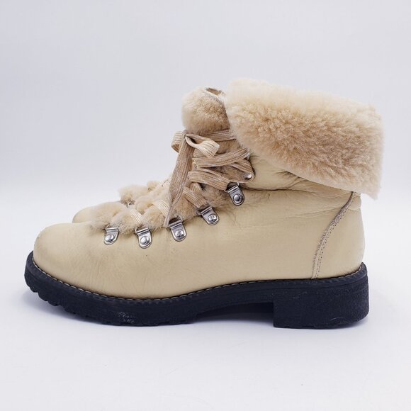 J. Crew Leather Shearling Lug Sole Nordic Ankle Hiker Boot Soft YellowCol Size 9 - Picture 4 of 10